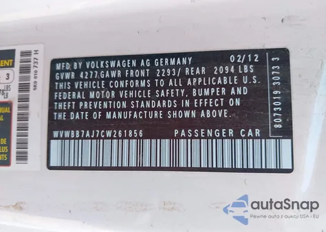 2012 Volkswagen Golf 2.5L 2-Door z USA, uszkodzony, nr VIN WVWBB7AJ7CW261856